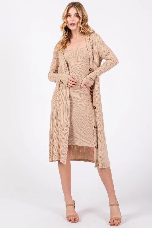 Beige Ribbed Soft Knit Dress Cardigan Set