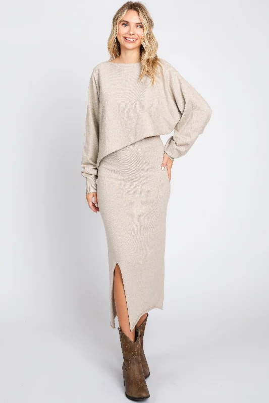 Beige Knit Long Sleeve Crop Top Midi Skirt Set