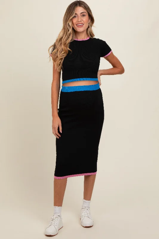 Black Colorblock Crop Top and Skirt Maternity Set