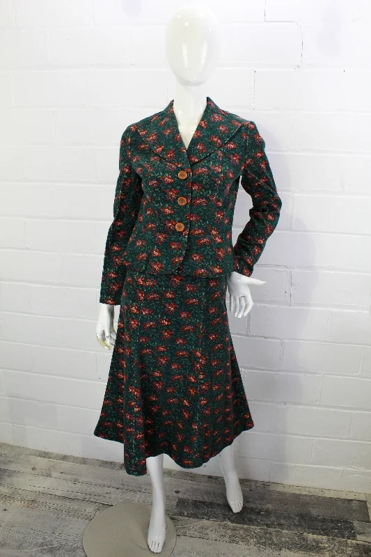 Vintage 1970s Corduroy Skirt Suit, Blazer and A-line Skirt, Teal Floral Print Corduroy, Deadstock, Small