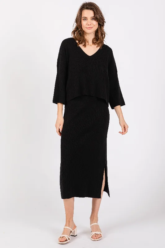 Black V-Neck Knit Skirt Set