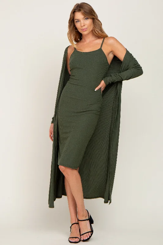 Olive Ribbed Cardigan 2 Piece Set