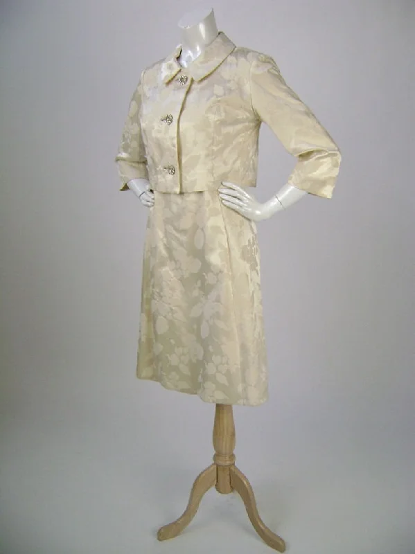 Vintage 1960s Cream Floral Brocade Wedding Suit, Dress & Jacket, Medium