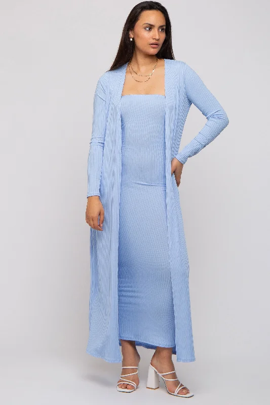 Light Blue Ribbed Sleeveless Dress Cardigan Set