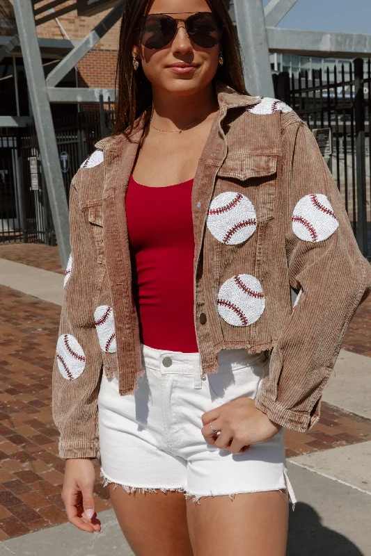 PITCH PERFECT EMBELLISHED BASEBALL CORDED JACKET IN BROWN