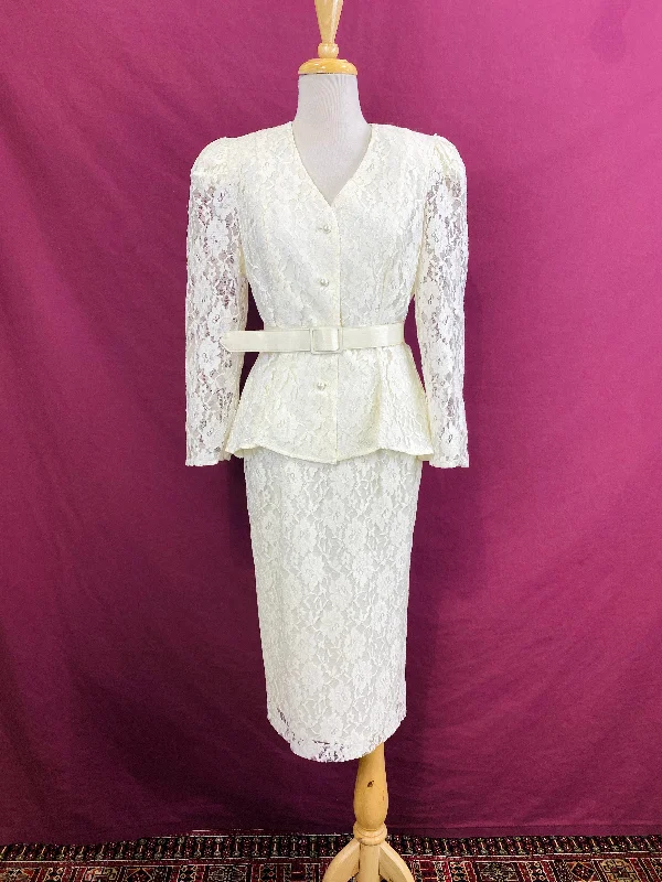 Vintage 1980s Ivory Lace 2-Piece Skirt & Jacket Suit Set with Belt, Small