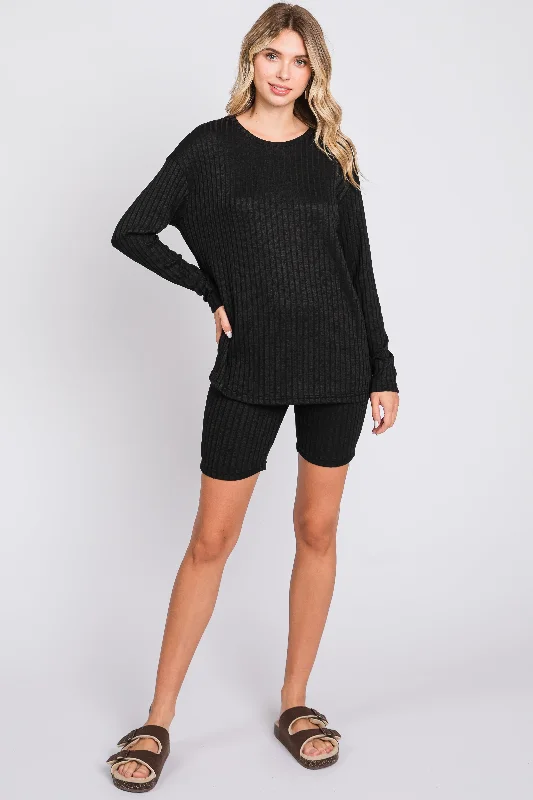 Black Ribbed Long Sleeve Shorts Set