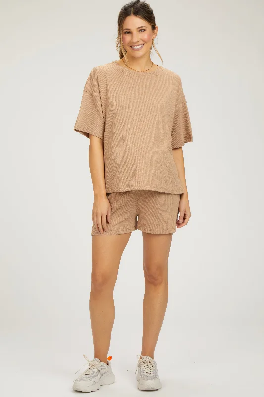 Taupe Ribbed Short Sleeve Maternity Short Set