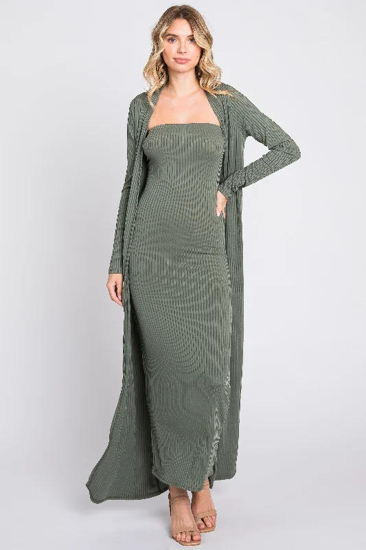 Olive Ribbed Sleeveless Dress Cardigan Set