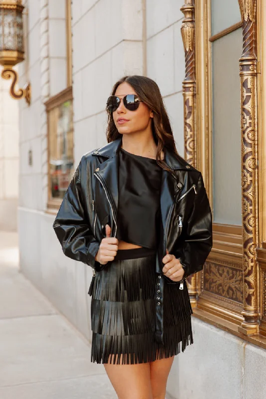 DYLAN CROPPED FAUX LEATHER MOTO JACKET IN BLACK