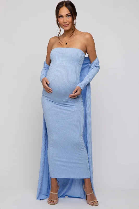 Light Blue Ribbed Sleeveless Dress Cardigan Maternity Set