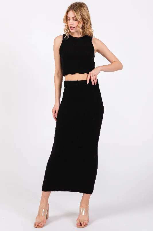 Black Sleeveless Crop Skirt Set