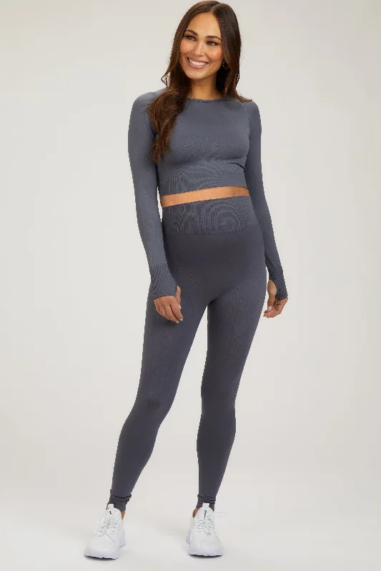 Grey Cropped Long Sleeve Maternity Active Set