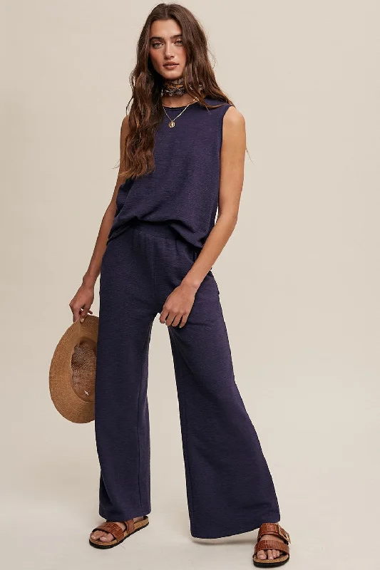 Navy Blue Slub Knit Pants Set