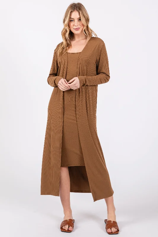 Camel Ribbed Cardigan 2 Piece Set