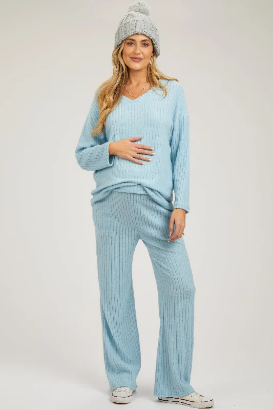 Light Blue Ribbed Soft Knit Long Sleeve Maternity Pajama Set