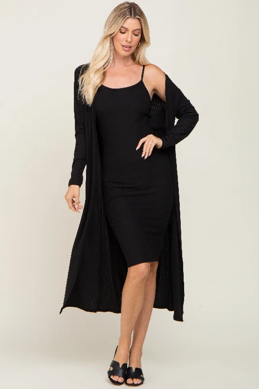 Black Ribbed Cardigan 2 Piece Set