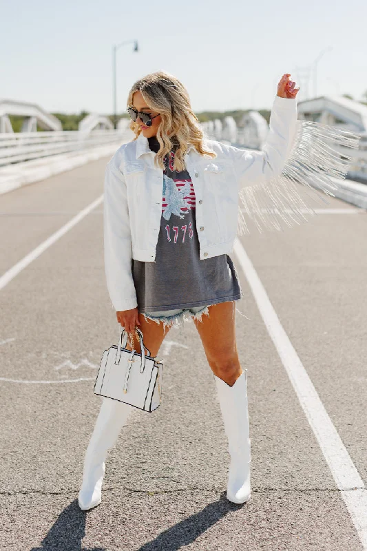 JOLENE CROPPED FRINGE DENIM JACKET IN WHITE