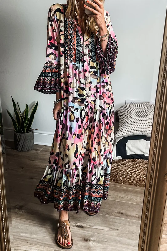 Pink Western Leopard Printed 3/4 Sleeve Buttoned Front Tiered Maxi Dress