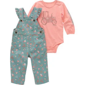 Infant Girls Long Sleeve Body Suit and Ruffle Trim Canvas Overall Set - Patina