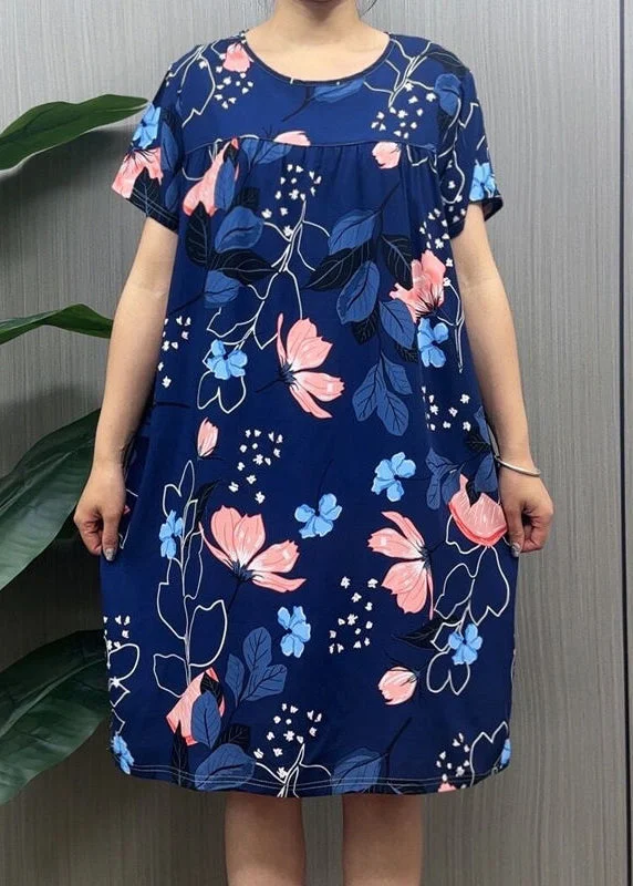 Loose Navy O Neck Print Cotton Pajamas Dresses Summer