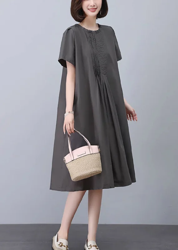 Women Grey O-Neck Solid Cotton Dresses Summer