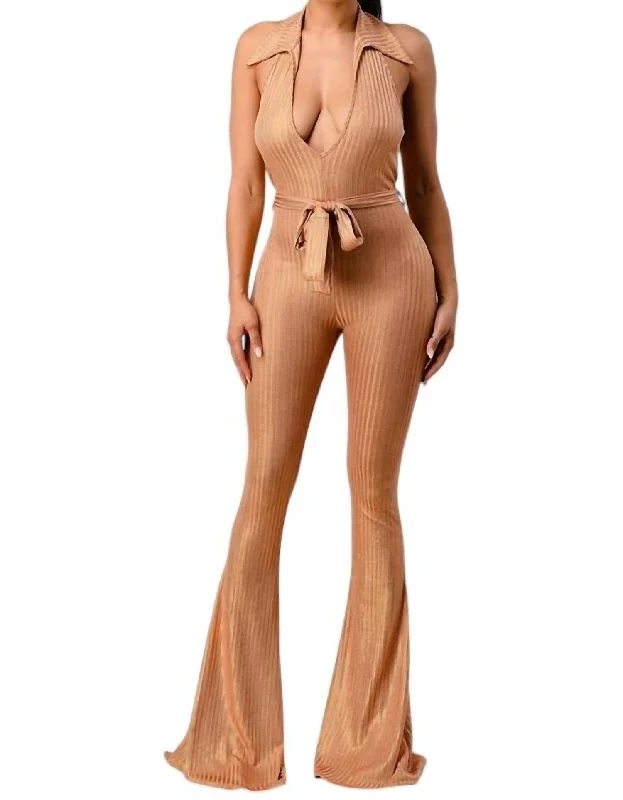 Lurex Rib Deep V-Line Disco Jumpsuit In Gold