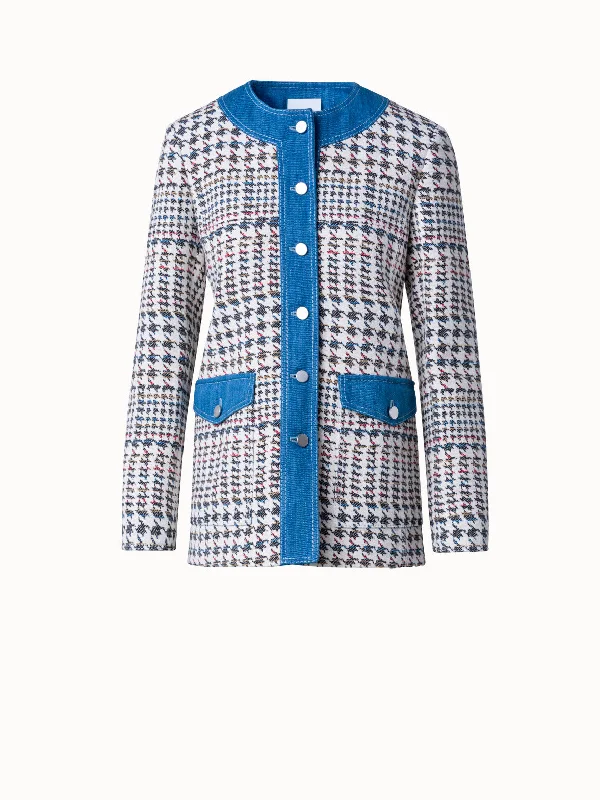 Long Houndstooth Cotton Blend Jacket with Denim Trimming