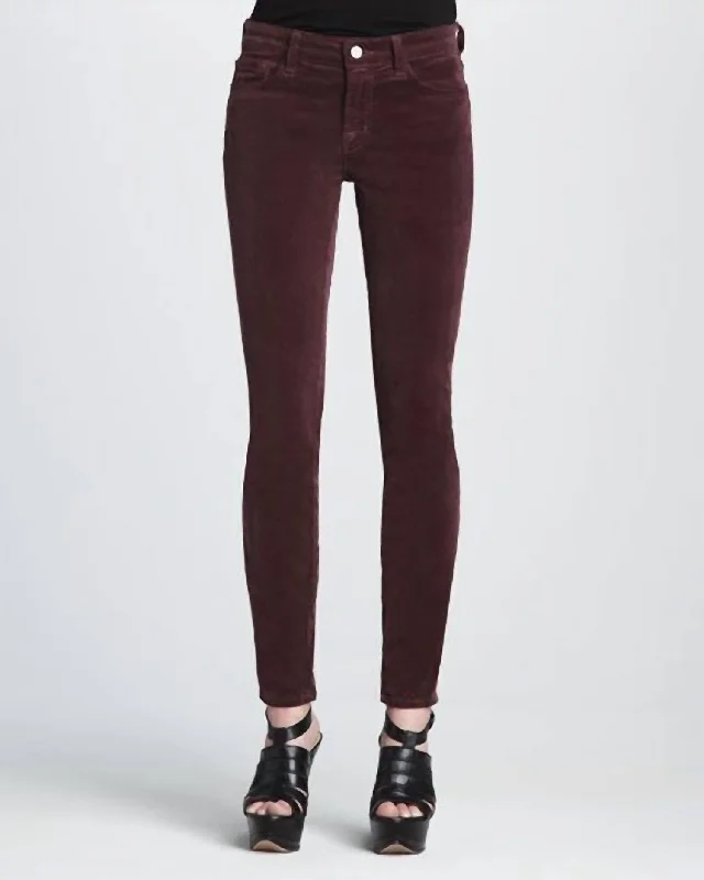 Blackberry Corduroy Mid Rise Stretch Pants In Dark Red