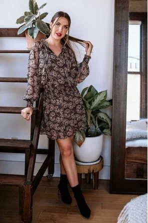 Veronica M. Long Sleeve Smocked Chiffon Dress