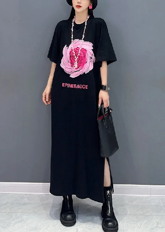 Loose Black O Neck Print Side Open Cotton T Shirt Dresses Summer