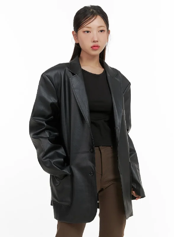 Buttoned Oversized Leather Blazer (UNISEX) CS405