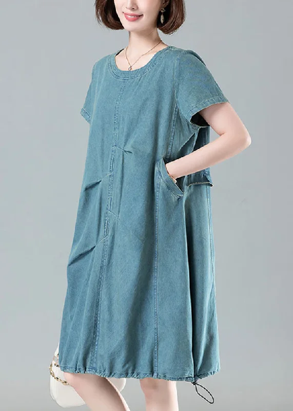 Light Blue Pockets Denim Dresses O Neck Short Sleeve