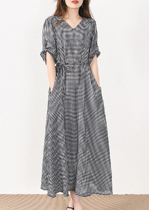 French Plaid Pockets Tie Waist Silk Cotton Long Dresses Half Sleeve