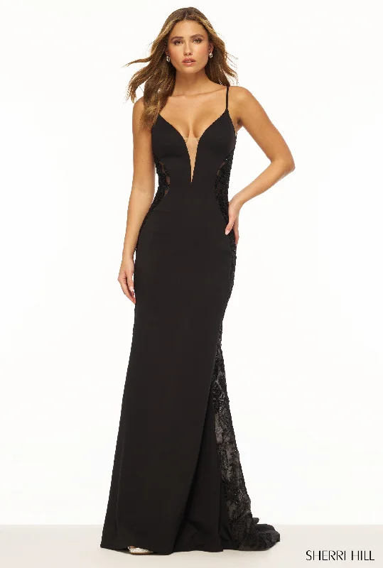 Sherri Hill 56352 Deep V Neckline Fitted Crepe Evening Gown