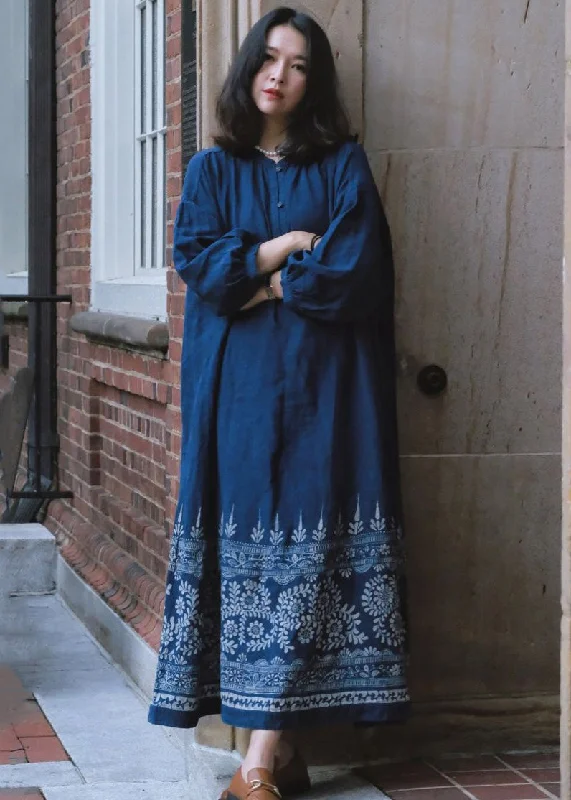 French Blue Button Print Maxi Dresses Long Sleeve