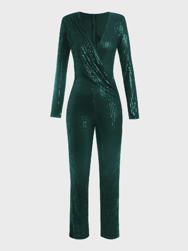 Deep V-Neck Sequined Jumpsuit (Green)