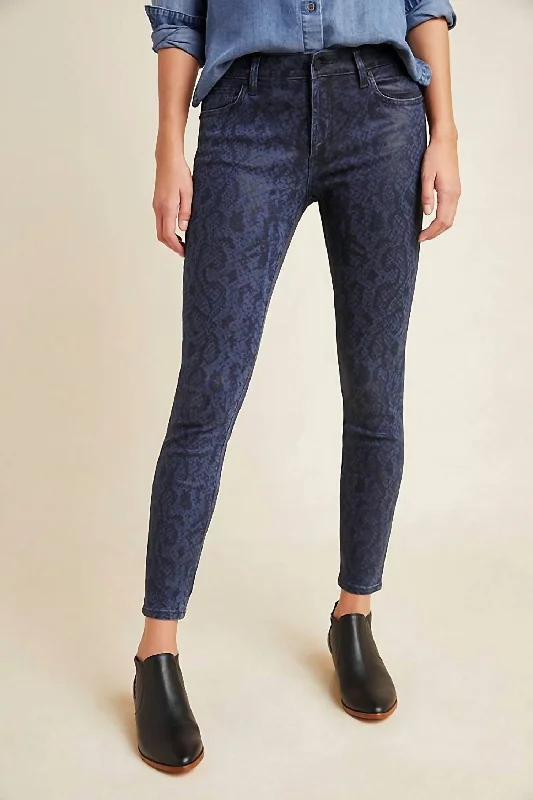 The Charlie High Rise Coated Snake Print Skinny Jeans In Navy Blue