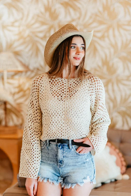 Crochet Long Sleeve Top for Women in Ivory | SWT8346-IVORY