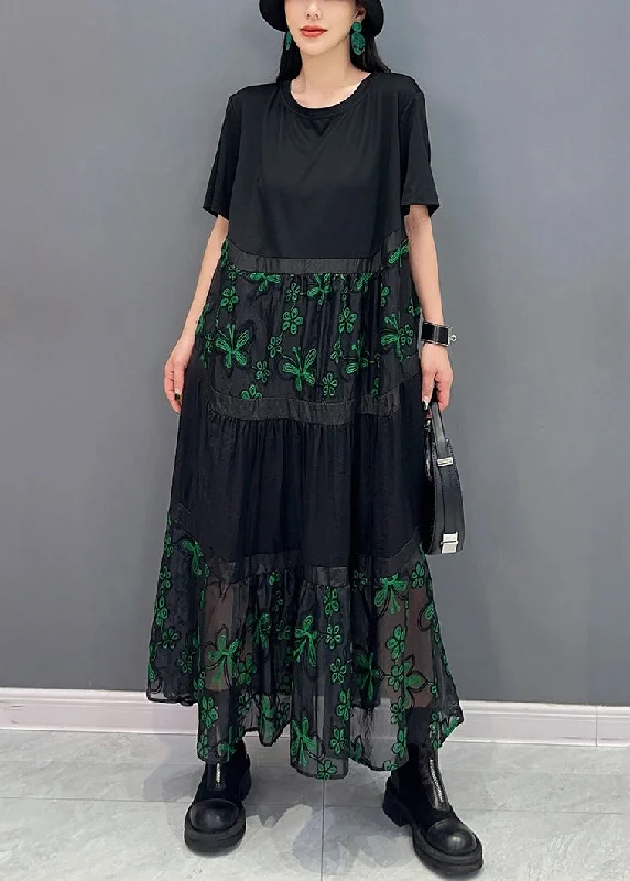 Green Tulle Patchwork Cotton Long Dresses O Neck Short Sleeve