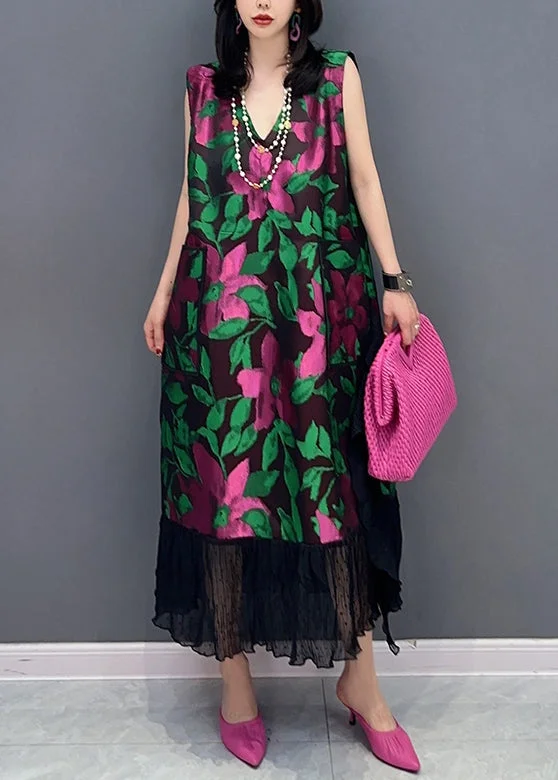 Chic Black V Neck Print Cotton Long Dresses Sleeveless