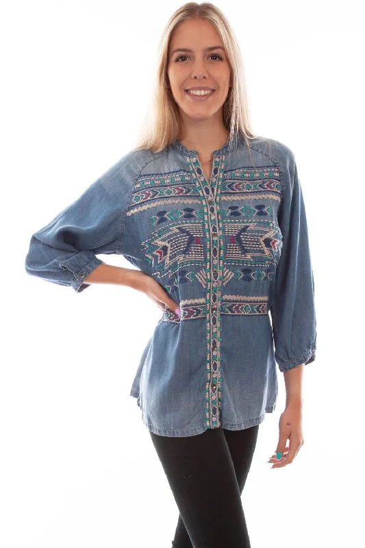 Scully Womens Denim Tencel Aztec Western S/S Blouse