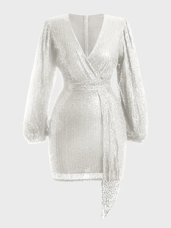 V-Neck Lantern Sleeved Sequined Mini Dress (White)