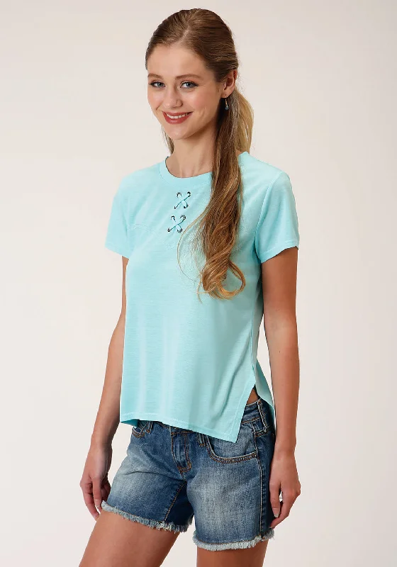 Roper Womens Light Turquoise Poly/Rayon Grommets S/S T-Shirt