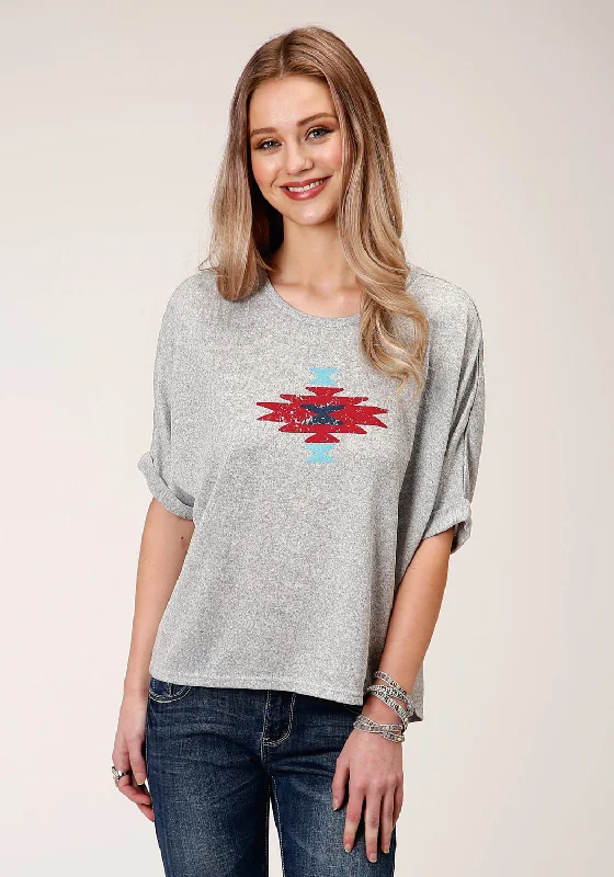 Roper Womens Heather Grey Polyester Dolman Aztec S/S T-Shirt