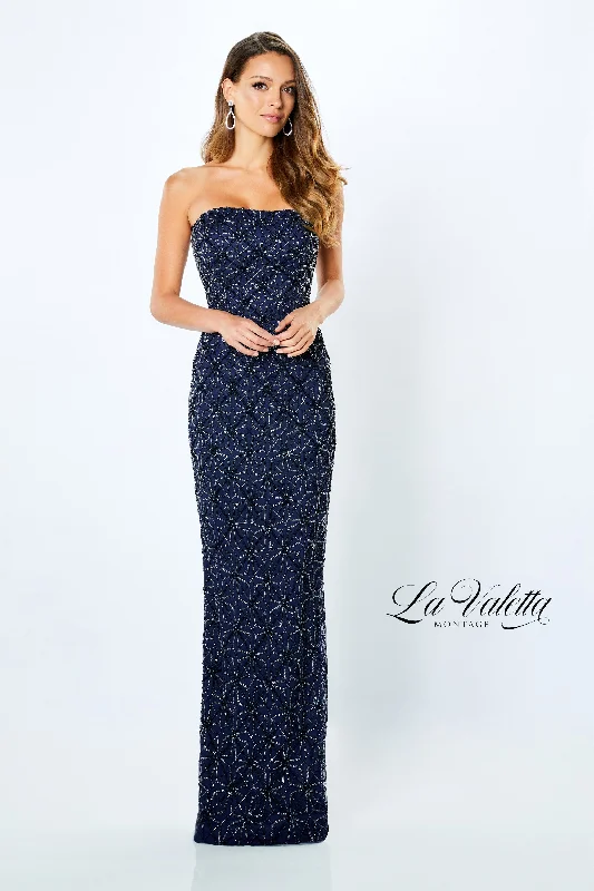 La Valetta LV22102 Geometric Beaded Strapless Dress With Optional Straps | Navy, Mocha, Wine