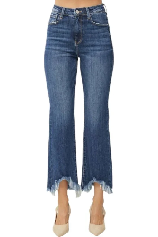 High Rise Frey Hem Ankle Bootcut Jeans In Denim