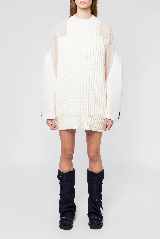 Sacai Silk Chiffon Mix Knit Dress in Off White