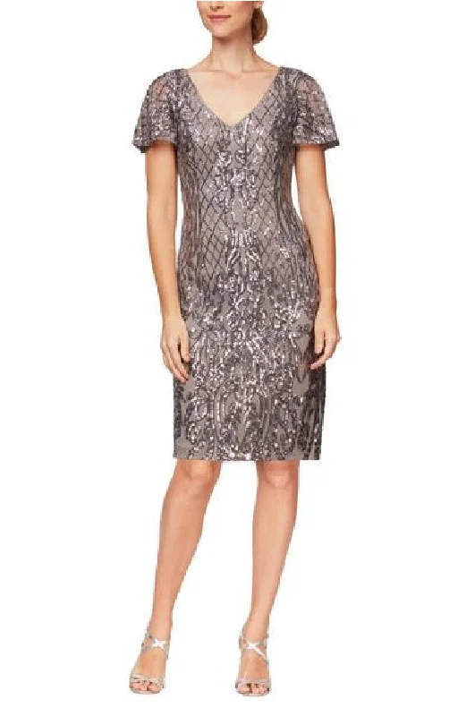 Short Sleeve V-Neck Sequin Cocktail Dress | Grey