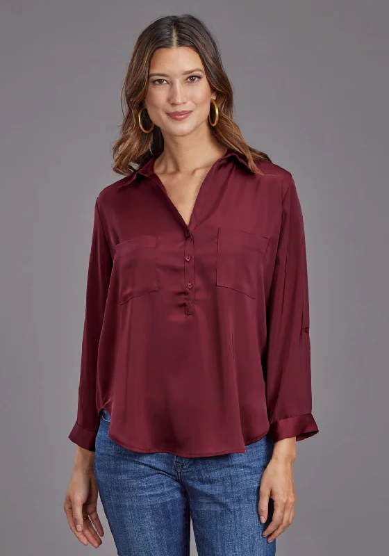 Stetson Womens Open V-Neck Wine 100% Polyester S/S Blouse